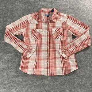 Shyanne‎ Womens Red/White Plaid Pearl Snap Long Sleeve Button Down Size L